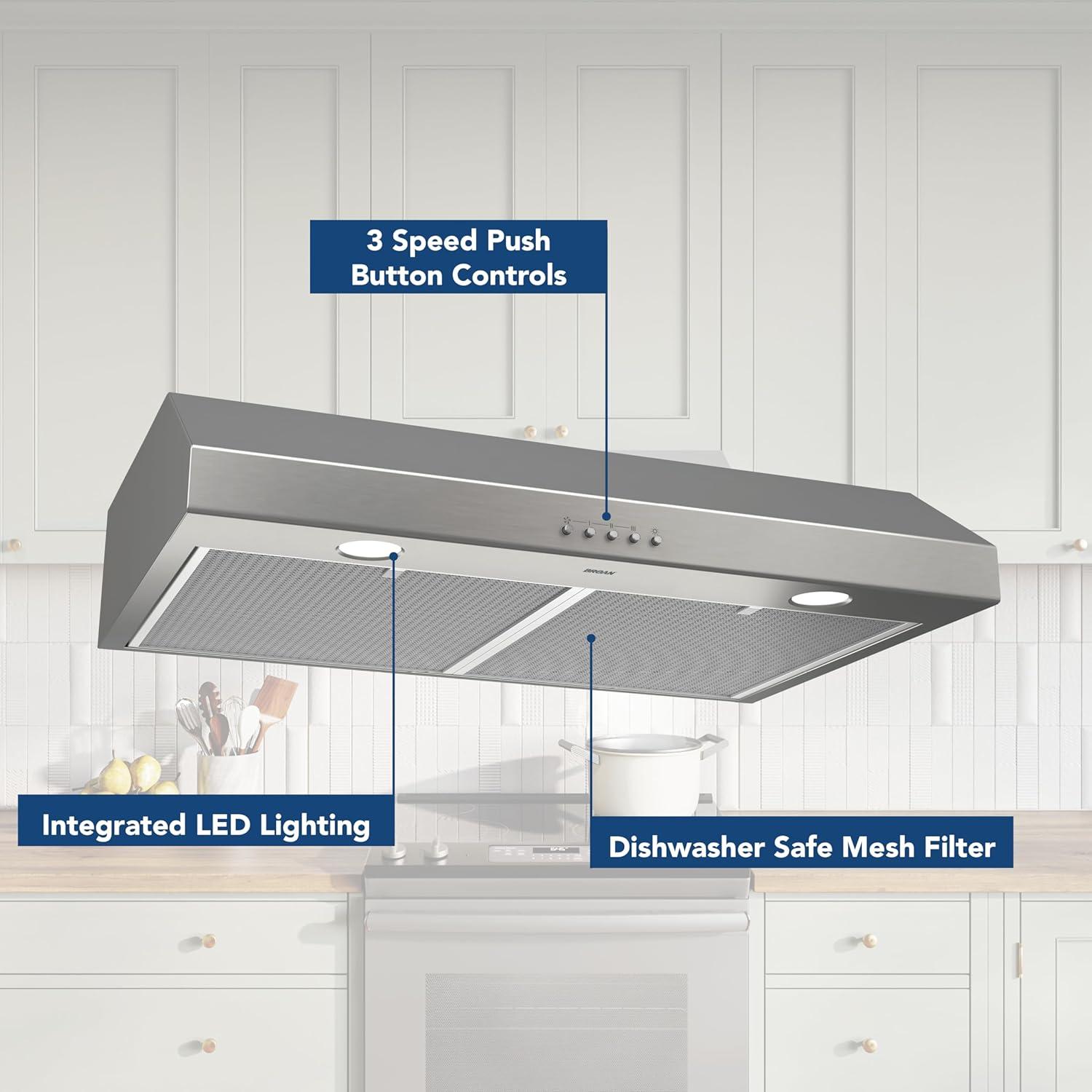 image:imageBroanNuTone BCSQ130SS ThreeSpeed Glacier UnderCabinet Range Hood with LED Lights ADA Capable 15 Sones 375 Max Blower CFM 30Inch Stainless SteelStainless Steel