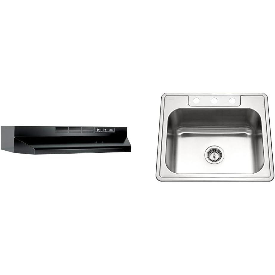 image:imageBroanNuTone 413023 Ductless Range Hood Insert with Light Exhaust Fan for Under Cabinet 30Inch Black amp Houzer Stainless Steel 25228BS31 Glowtone Series Kitchen SinkBlack