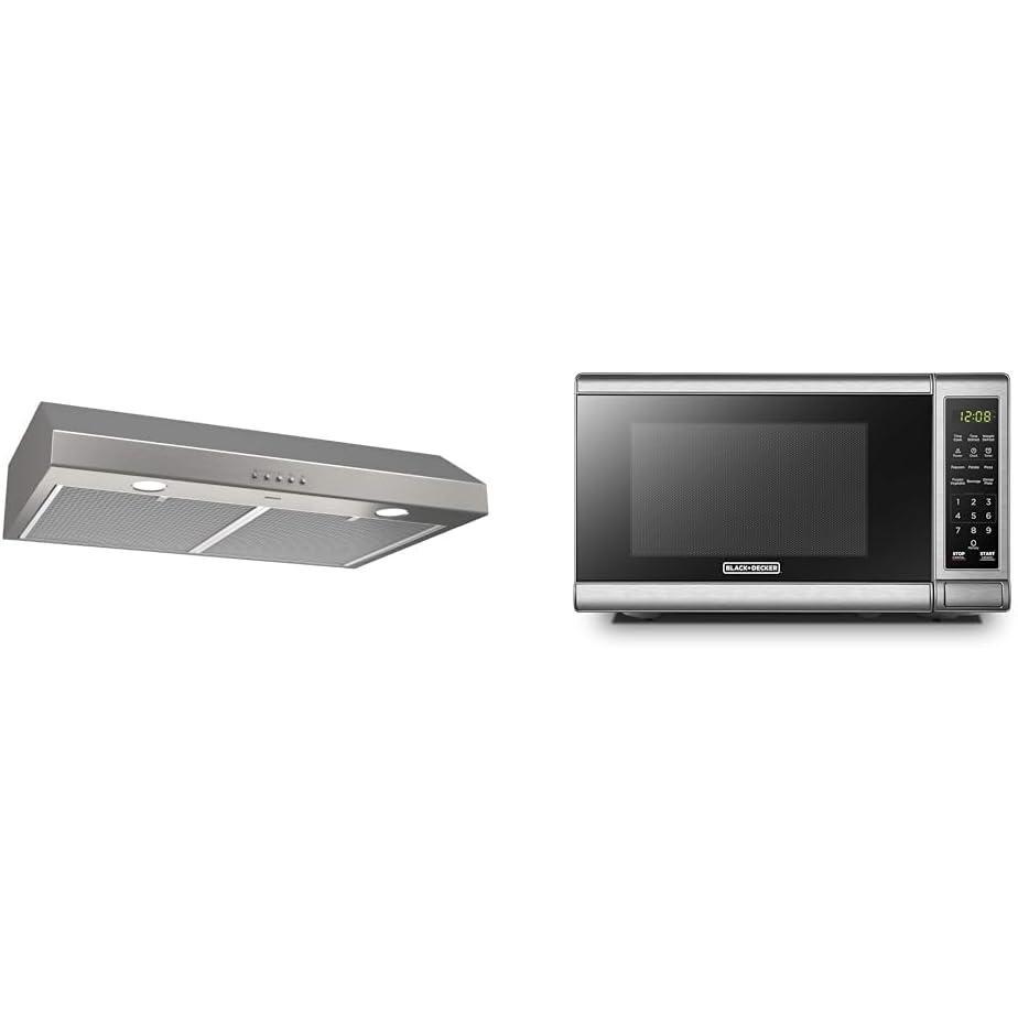 image:imageBroanNuTone BCSQ130SS ThreeSpeed Glacier UnderCabinet Range Hood with LED Lights ADA Capable amp BLACKDECKER EM720CB7 Digital Microwave Oven with Turntable PushButton DoorHood Oven