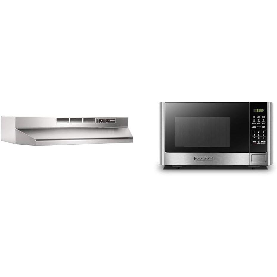 image:imageBroanNuTone 413004 NonDucted Ductless Range Hood with Lights Exhaust Fan for Under Cabinet amp BLACKDECKER Digital Microwave Oven with Turntable PushButton Door Child Safety Lock